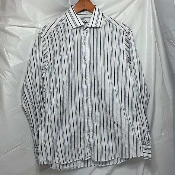 Men’s bugatchi white blue vertical stripe button down long sleeve shirt size M - Picture 2 of 8
